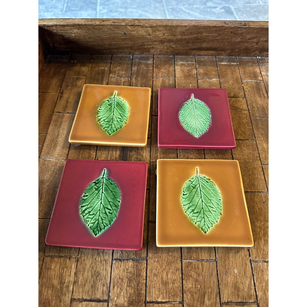 Pottery Barn Italy Ceramic Leaf Coasters Set of 4 Red Yellow Square Fall Decor
